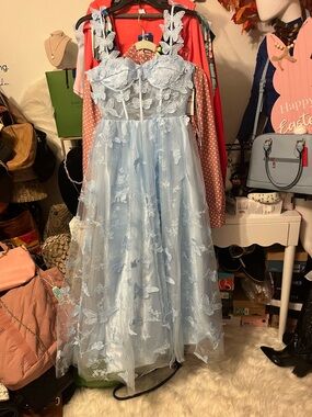 Light Blue Butterfly Appliqué Tulle Dress for teen